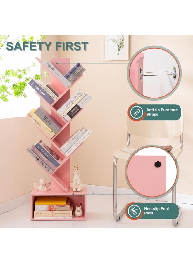 Yoobure Tree Bookshelf - 6 Shelf Retro Floor Standing Bookcase, Tall Wood Book Storage Rack for CDs/Movies/Books, Utility Book Organizer Shelves for Bedroom, Living Room, Home Office Pink - Image 5